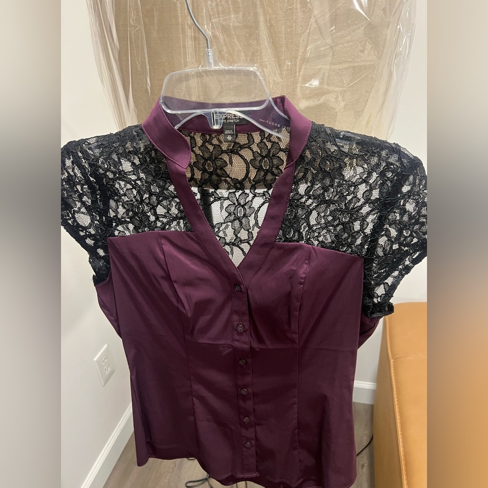Express Women's Lace Detail Blouse in Purple and Black